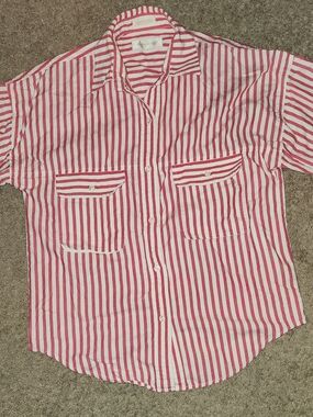 John Henry Women Button-up Shirt Small Red Stripes Short Sleeve Pocket Vintage